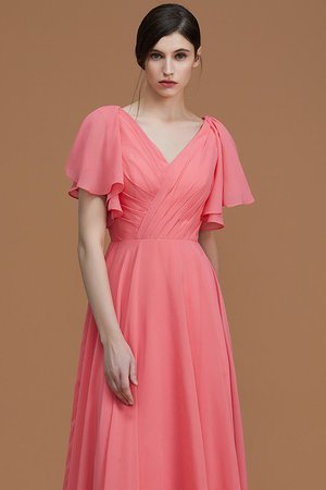 Robe demoiselle d'honneur naturel ruché de col en v de princesse avec manche courte