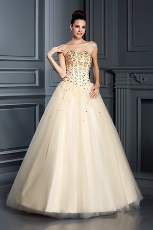 Robe de quinceanera longue manche nulle avec perle avec zip en satin