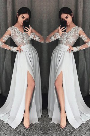 Robe de soirée glamour avec chiffon avec manche longue de princesse a-ligne