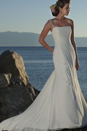 Robe de mariée d'épaule asymétrique avec perle de traîne courte avec chiffon manche nulle