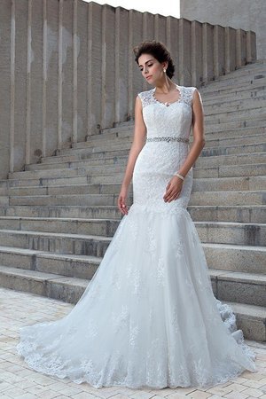 Robe de mariée longue de sirène appliques v encolure de traîne mi-longue