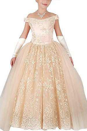 Robe cortège fille naturel manche nulle avec fleurs appliques textile en tulle