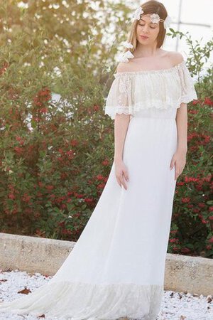 Robe de mariée romantique avec manche courte en dentelle de traîne courte d'epaule ajourée