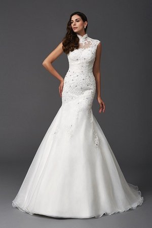 Robe de mariée avec perle de traîne courte de col haut de sirène en organza