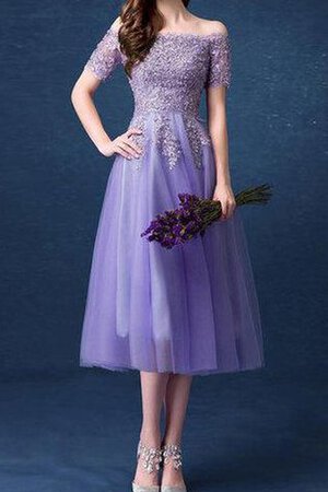 Robe demoiselle d'honneur delicat fermeutre eclair avec manche courte a-ligne en tulle