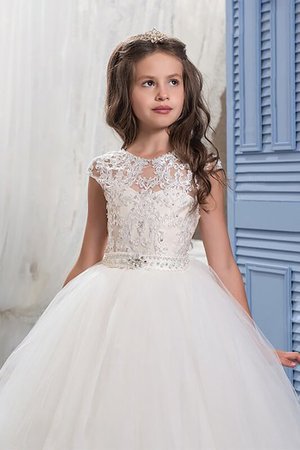 Robe cortège fille en tulle avec fleurs avec perle manche nulle de mode de bal