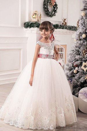 Robe cortège fille avec fleurs textile en tulle encolure ronde avec ruban ceinture