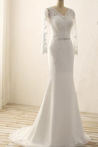 Robe de mariée modeste en satin v encolure avec décoration dentelle de traîne courte