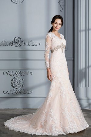 Robe de mariée naturel en organza de traîne courte v encolure avec manche longue