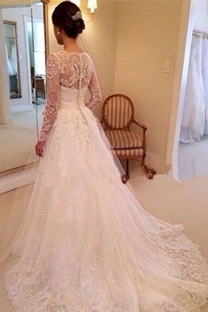 Robe de mariée naturel avec manche longue de col en v en tulle de traîne moyenne