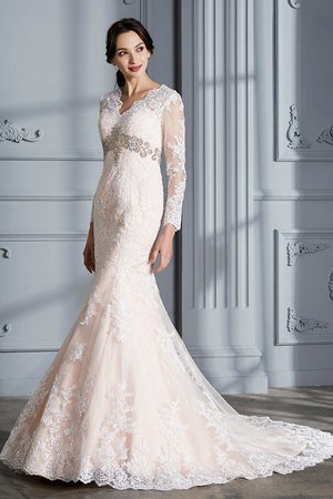 Robe de mariée naturel en organza de traîne courte v encolure avec manche longue