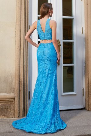 Robe de bal avec zip de fourreau manche nulle de traîne courte encolure ronde