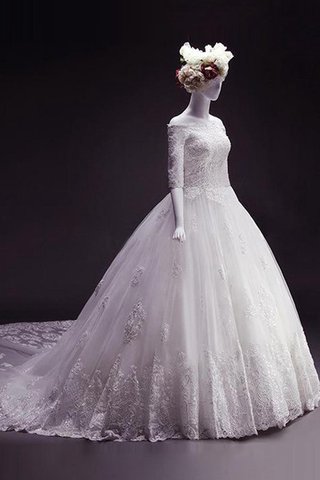 Robe de mariée cordon col en bateau decoration en fleur d'epaule ajourée en 1/2 manche