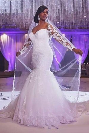 Robe de mariée naturel de col en cœur avec manche longue appliques de sirène