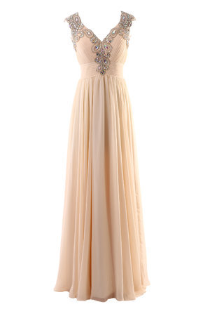 Robe de soirée romantique avec cristal v encolure a-ligne avec chiffon