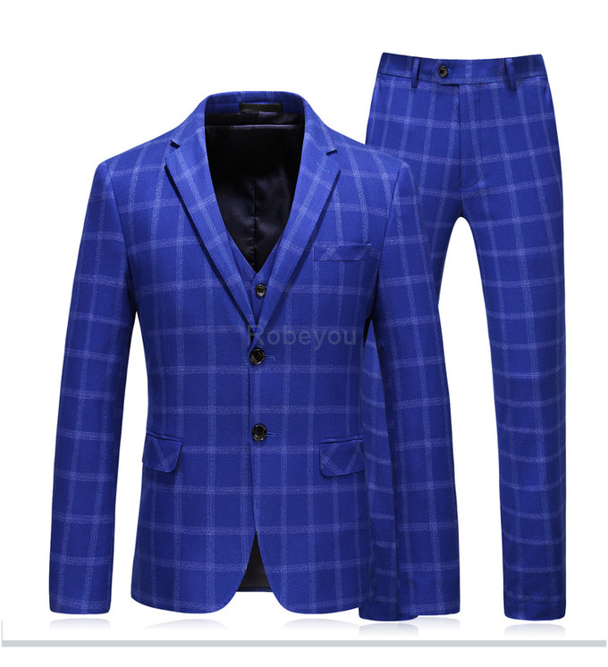 Costume de mariage 3 pièces veste + pantalon + gilet fête décontracté gris bleu plaid