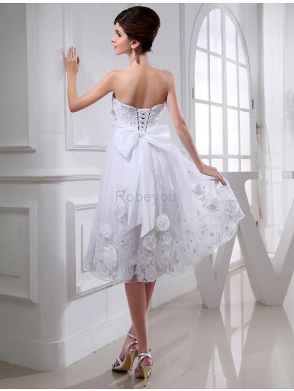 Robe de mariée au niveau de genou avec perle textile taffetas cordon ligne a