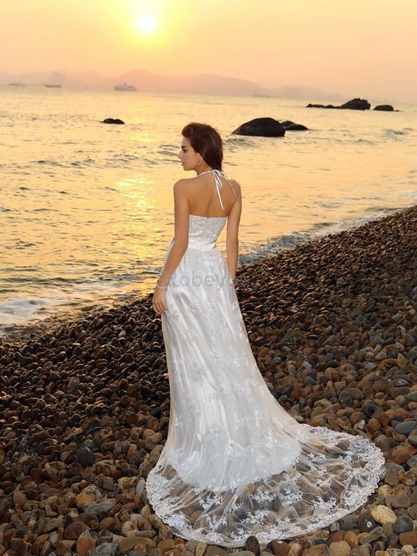 Robe de mariée longue en plage a-ligne fermeutre eclair ceinture