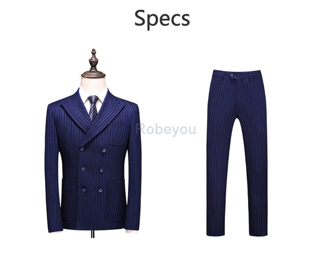 Rayé 3 pièces costumes pour hommes bleu marine double boutonnage vêtements