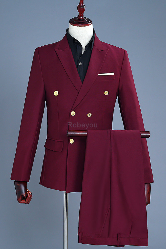 Décontracté costume blazer avec pantalon 2 pièces fête homme vin rouge