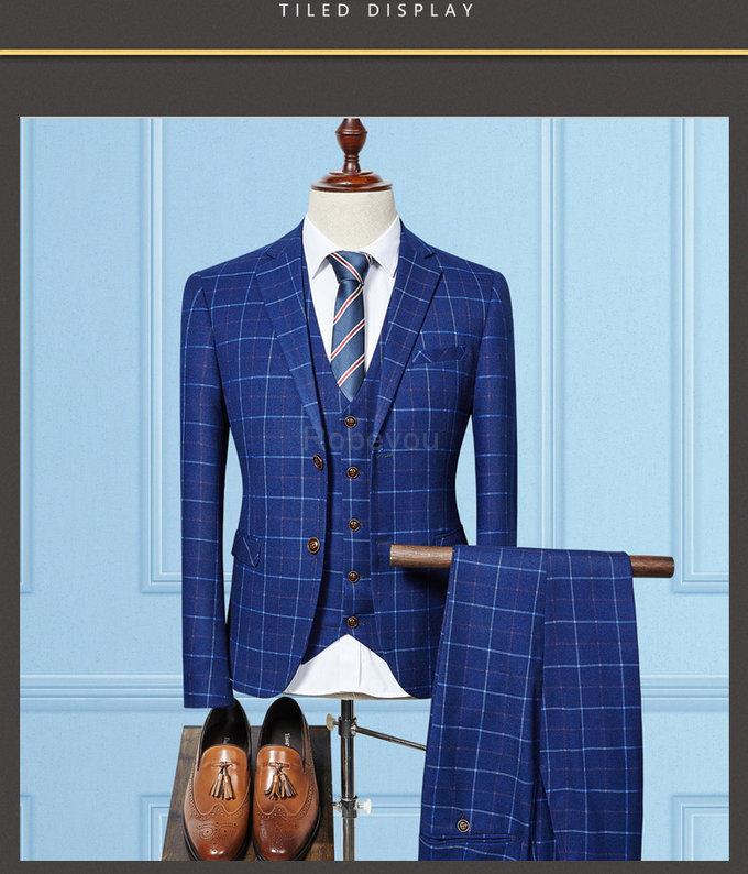 Costumes pour mariage dernier affaires plaid costume bleu hommes 3 pièces