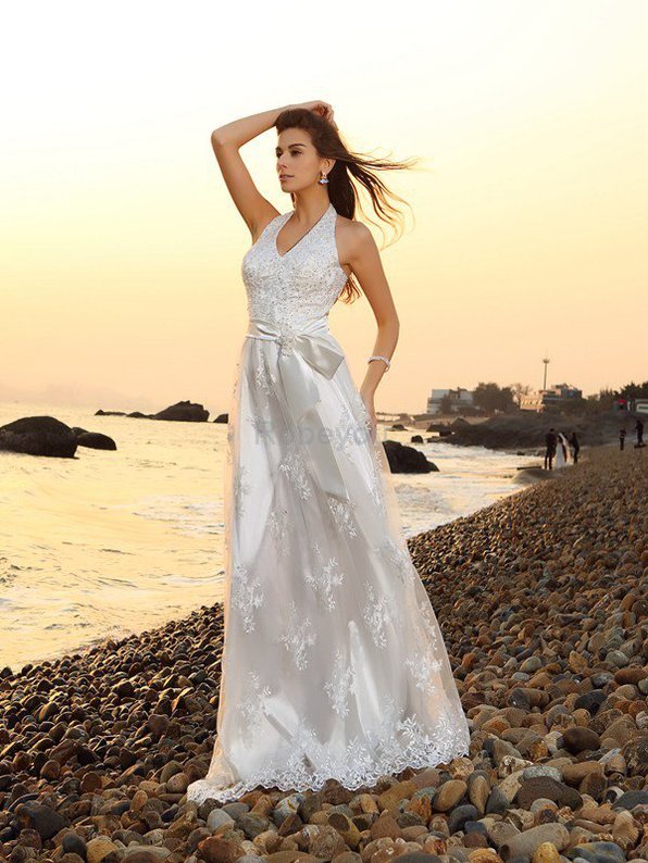 Robe de mariée longue en plage a-ligne fermeutre eclair ceinture