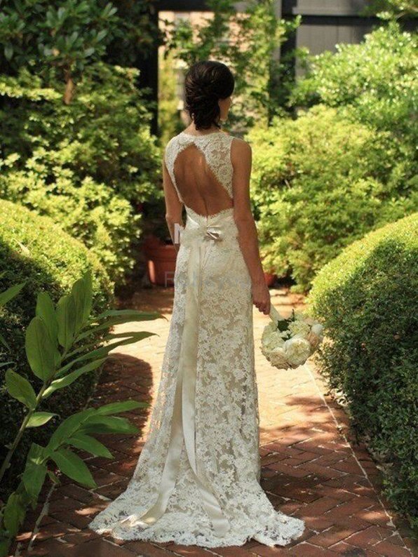 Robe de mariée naturel avec décoration dentelle manche nulle collant v encolure
