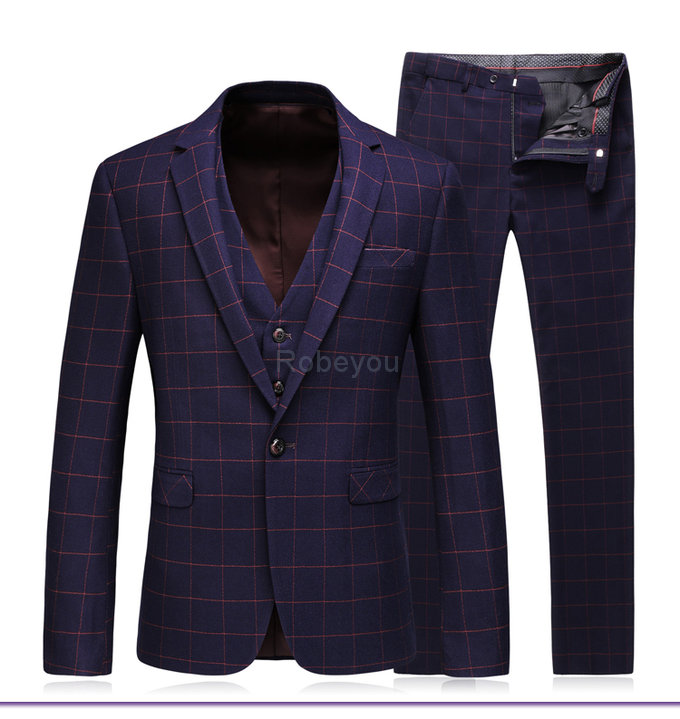 Plaid costume blazer costumes pour hommes veste + pantalon + gilet 3 pièces gentleman