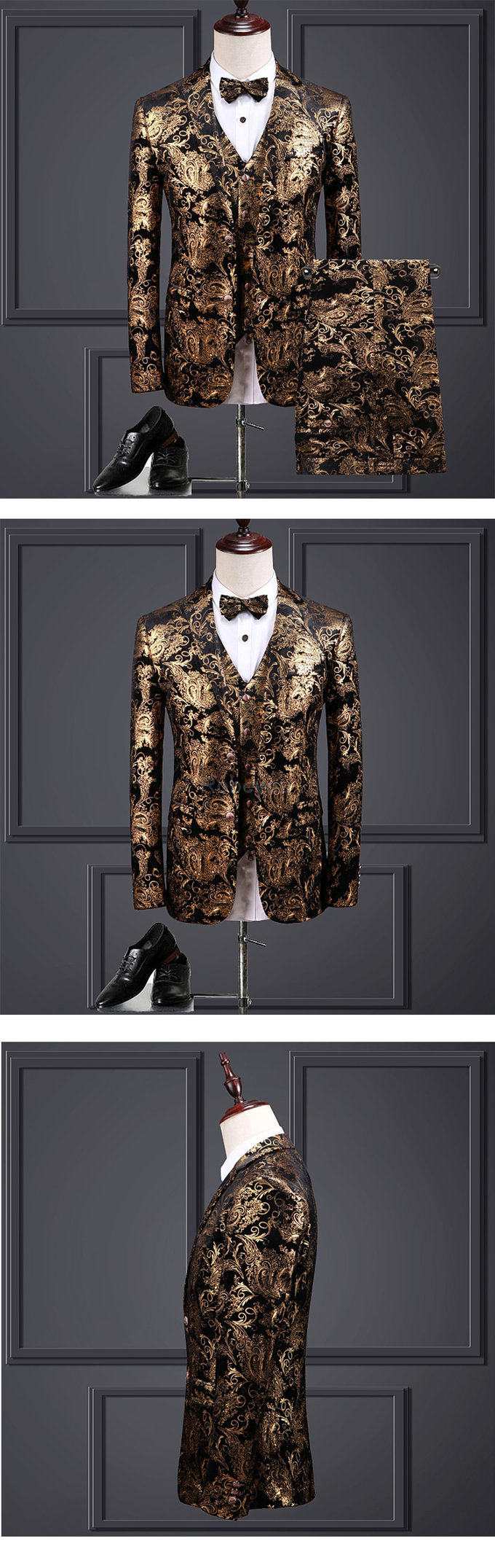 Scène mariage hommes 3 pièces imprimé costume slim fit costume floral