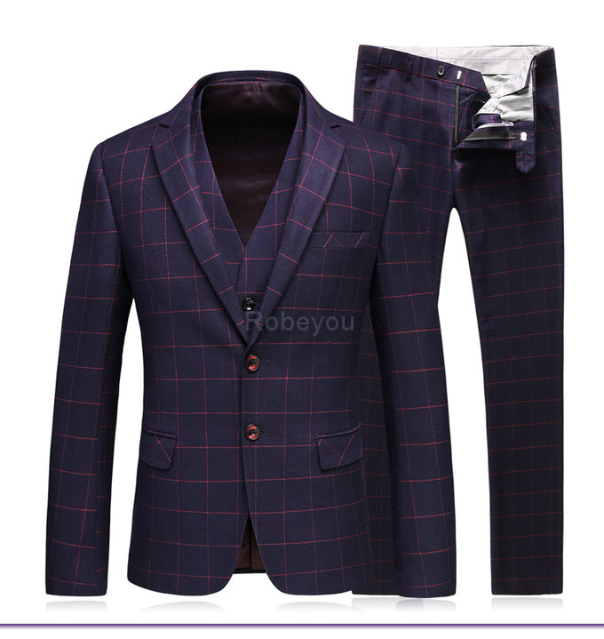 Plaid costume blazer costumes pour hommes veste + pantalon + gilet 3 pièces gentleman