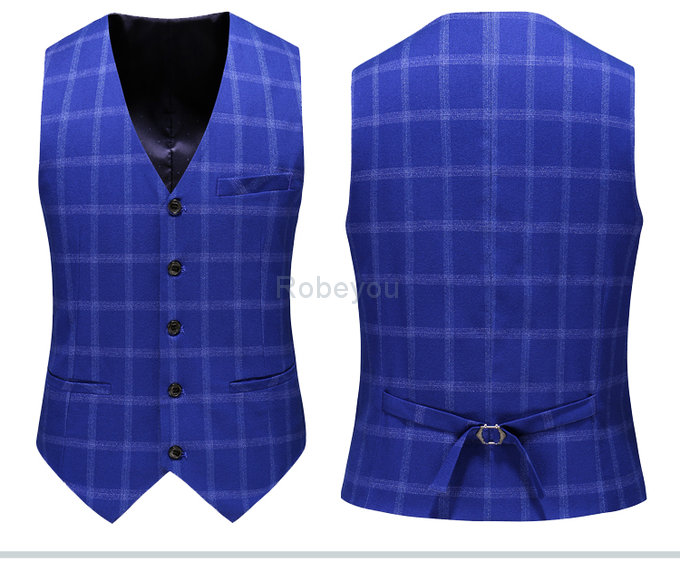 Costume de mariage 3 pièces veste + pantalon + gilet fête décontracté gris bleu plaid