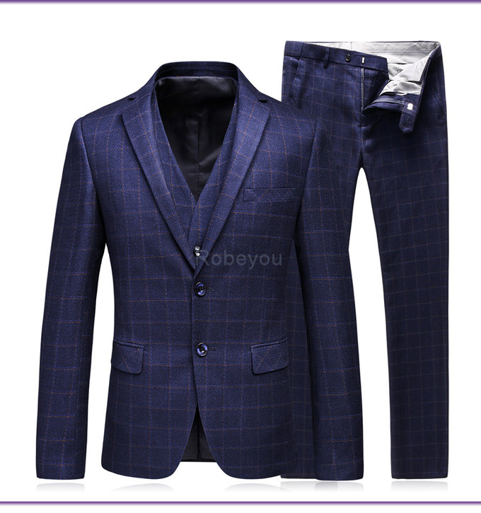 Plaid costume blazer costumes pour hommes veste + pantalon + gilet 3 pièces gentleman