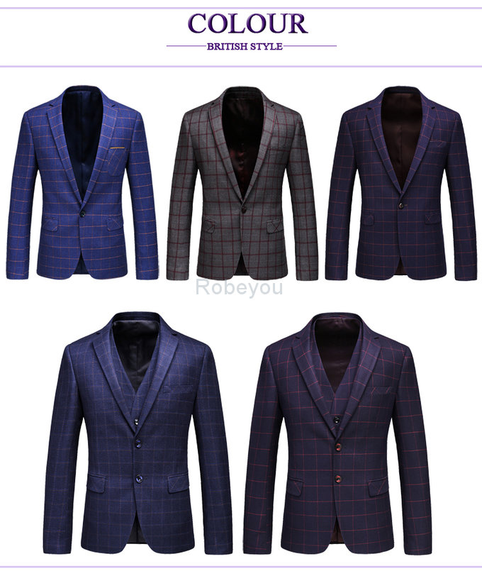 Plaid costume blazer costumes pour hommes veste + pantalon + gilet 3 pièces gentleman