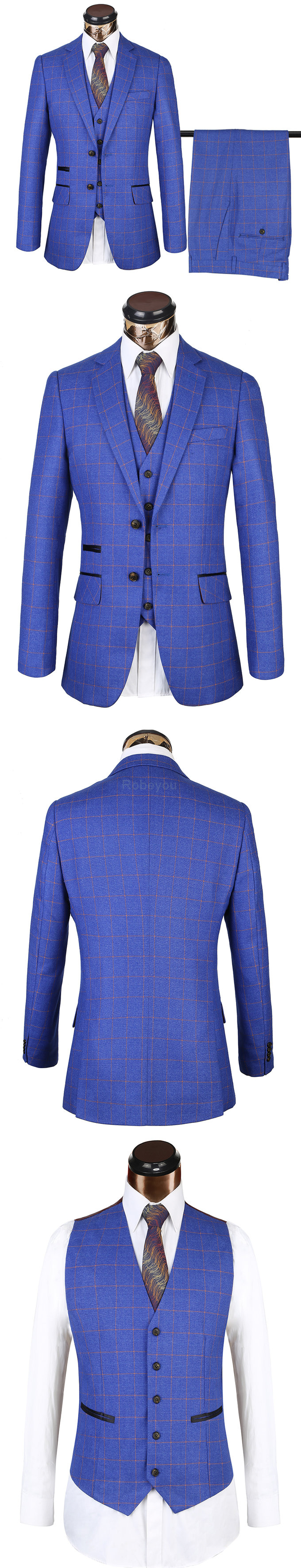 Costumes hommes plaid taille européenne décontracté bleu royal 3 pièces