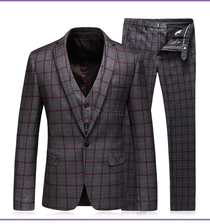 Plaid costume blazer costumes pour hommes veste + pantalon + gilet 3 pièces gentleman