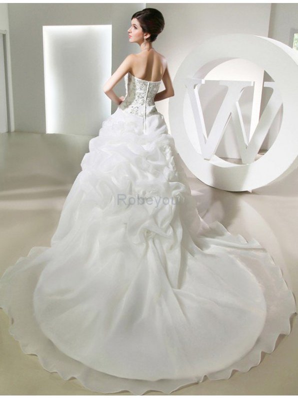 Robe de mariée longue avec zip avec perle en organza de mode de bal