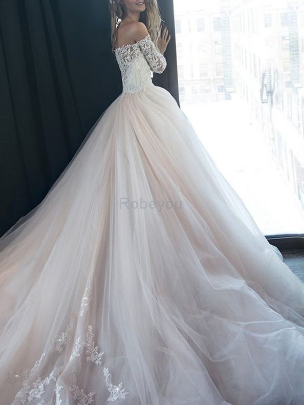Robe de mariée enchanteur avec manche longue en tulle a-ligne naturel
