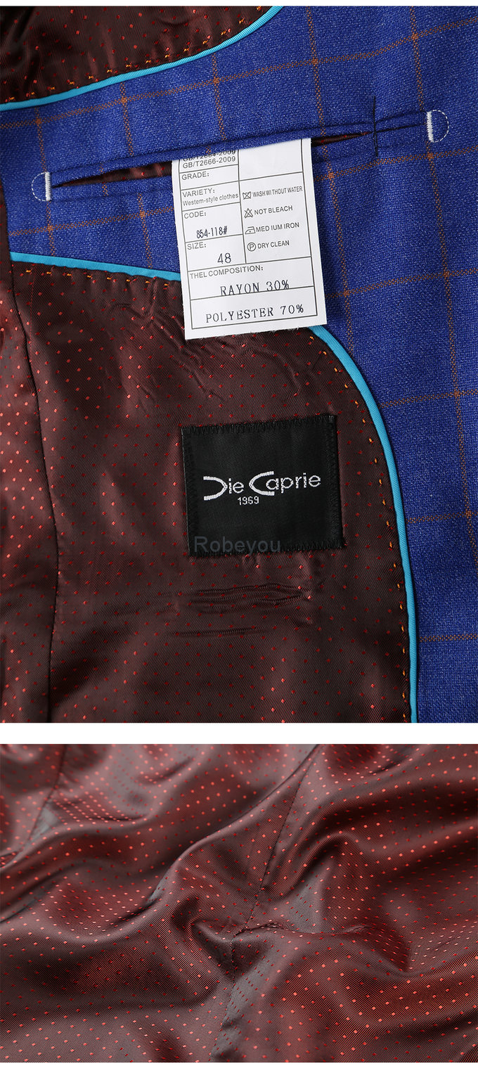 Costumes hommes plaid taille européenne décontracté bleu royal 3 pièces