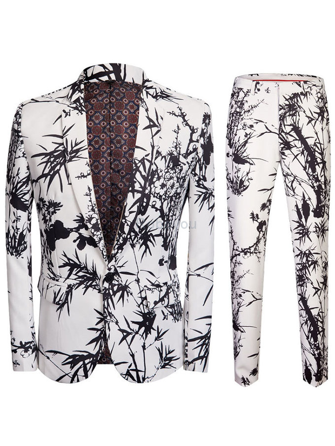 Costume blanc scène imprimé hommes slim fit 2 pièces spectacle