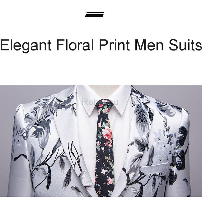Grande taille slim fit imprimé costumes floral hommes mâle blanc
