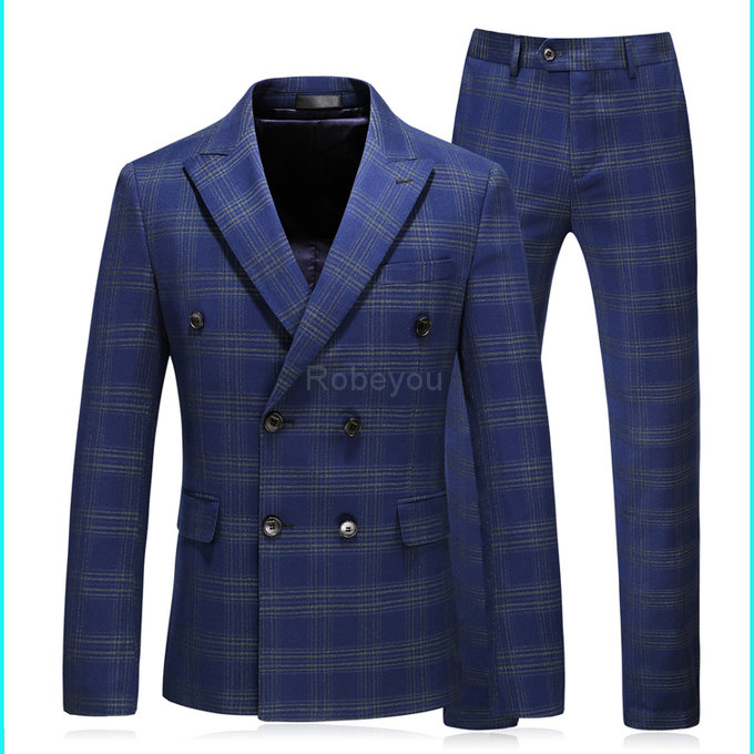 Marié mariage bleu formel double boutonnage hommes costumes