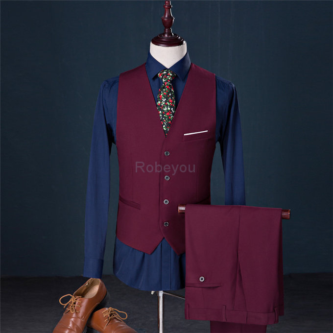 Gilet + pantalon nouveaux hommes loisirs simple couleur boutonnage costumes