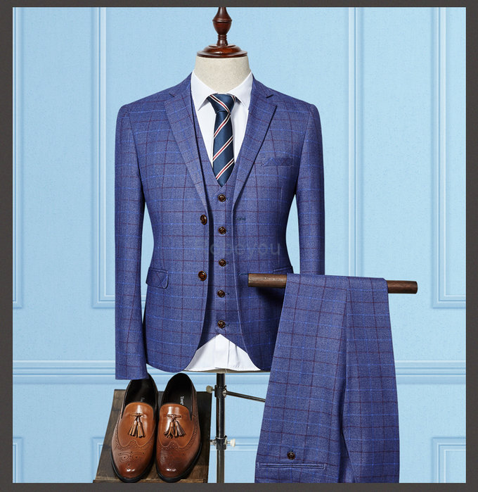 Costumes pour mariage dernier affaires plaid costume bleu hommes 3 pièces